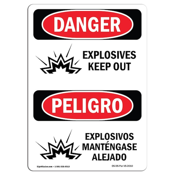 Safety Sign, OSHA Danger, 5" Height, Explosives Keep Out, Bilingual Spanish, 10PK